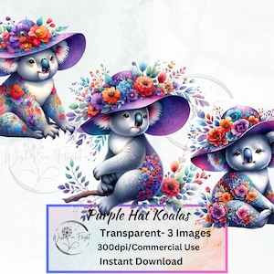 Imágenes PNG de koala con sombrero morado, imágenes prediseñadas transparentes, álbum de recortes, amante de los animales, imágenes prediseñadas de koala lindo, arte de pared, imágenes prediseñadas individuales, arte PNG