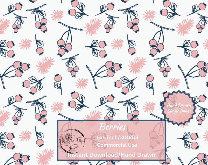 Featured listing image: Berries Hand drawn  Seamless design Instant download Great for Fabric Printing Wallpaper Scrapbook Paper Crafts Commercial use Navy Pink
