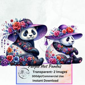 Imágenes prediseñadas transparentes de pandas con sombrero morado, álbum de recortes, amante de los animales, imágenes prediseñadas de panda lindo, arte de pared, imágenes prediseñadas individuales, imágenes prediseñadas PNG