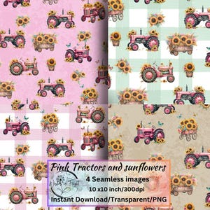 May include: Four seamless digital images featuring pink tractors, sunflowers, and butterflies. The tractors are decorated with sunflowers and are set against pink, green, and tan backgrounds. The images are 10 x 10 inches.