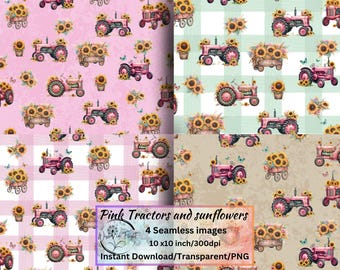 Pink Tractor Sunflower Seamless Patterns, Farmhouse Floral Digital Paper, Country Tractor Print for Fabric, Wallpaper, Scrapbooking