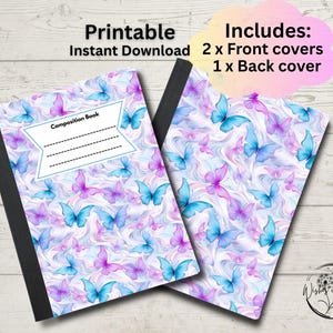 Puede incluir: Dos cubiertas de cuaderno con un diseño de mariposas en tonos azules y morados sobre un fondo blanco. El texto "Printable Instant Download" y "Includes: 2 x Front covers 1 x Back cover" son visibles.