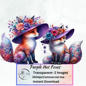 Imágenes PNG de zorros con sombrero morado, clip art transparente, álbum de recortes, amante de los animales, lindos zorros bebés, arte de pared, clip art individual, arte PNG