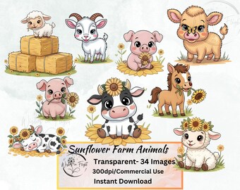 Sunflower Farm Animals Clipart Bundle, Cute Baby Farm Animal PNG Set, Cow Pig Horse Goat Sheep with Sunflowers, Nursery Sublimation
