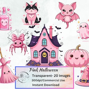 Pink Halloween Clipart Bundle: Kawaii Ghosts, Bats, Potions (PNG Digital Download