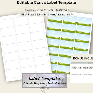 May include: Two sheets of white Avery labels with a label size of 2.5 x 1.50 inches. One sheet is blank, and the other has a landscape image. The text on the image says "Editable Canva Label Template" and "Label Template".