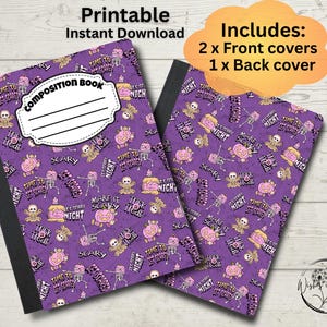 Puede incluir: Dos cuadernos de composición con cubiertas moradas con un patrón de Halloween de esqueletos, calabazas y texto. El texto incluye "Time to Get Spooky" y "Make it Scary Night". Los libros tienen lomos negros y la palabra "Composition Book" en la portada.
