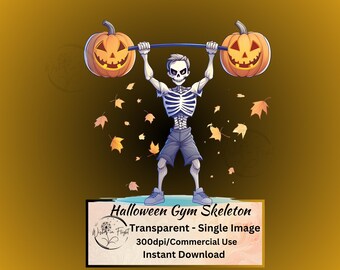 Funny Halloween Skeleton Gym Clipart: Pumpkin Weightlifter (PNG Digital Download