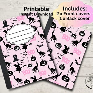 Puede incluir: Dos cuadernos con temática de Halloween con cubiertas negras y rosas. Las cubiertas presentan gatos negros, calabazas, murciélagos, arañas y la palabra "BOO" sobre un fondo rosa. Los cuadernos están etiquetados como "Descarga instantánea imprimible".