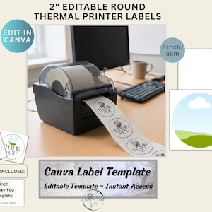 2 Inch Round Thermal Label Template, Editable Canva Sticker, Small Business Packaging Label, Logo Sticker, Thank You Label Template