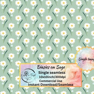 Margherite su verde salvia. Floral Lover. Design senza soluzione di continuità con download immediato. Ideale per stampa su tessuto, carta da parati, album di ritagli, uso commerciale.