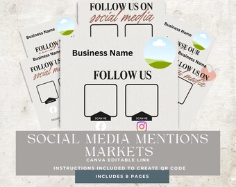 Plantillas de carteles promocionales para redes sociales, hojas editables de códigos QR de Canva para puestos de mercado, expositores imprimibles para vendedores, señalización para ferias de artesanía.