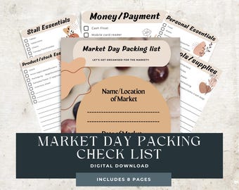 Lista de verificación de empaque para un día de mercado, lista de elementos esenciales para puestos de vendedores, planificador de mercado imprimible, descarga digital para ferias de artesanía para vendedores