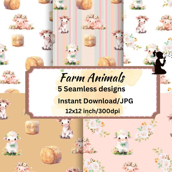 Cute Farm Animals Seamless design with instant download|Fabric Printing|Scrapbook Paper|Crafts|Cows Pigs Sheep Floral Commercial Use