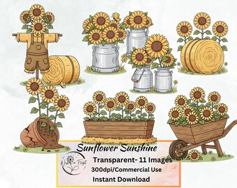 Sunflower Clipart Bundle, Watercolor Sunflowers PNG Set, Summer Floral Digital Download, Rustic Flower Illustrations for Crafts