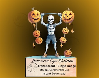 Funny Halloween Skeleton Weightlifter Clipart: Gym Pumpkin PNG (Digital Download