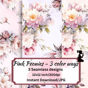 Rosa Pfingstrosen Digitales Papier | Nahtloses Blumenmuster für Scrapbook, Stoffdruck & Tapete | Sofortiger Download, kommerzielle Nutzung, geblümt