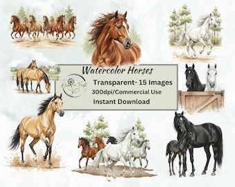 May include: A collection of watercolor horse illustrations in various poses and colors. The images include running horses, portraits, and horses with foals. The text "Watercolor Horses" and other details are also included.