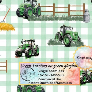 Tracteurs verts Vichy vert, conception sans couture, à la ferme, idéal pour l'impression de tissu, scrapbooking, travaux manuels en papier, usage commercial