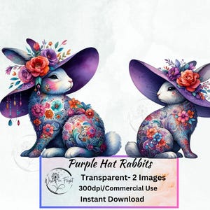Imágenes prediseñadas transparentes de conejos con sombrero morado, álbum de recortes, amante de los animales, imágenes prediseñadas de conejitos lindos, arte de pared, imágenes prediseñadas individuales, imágenes prediseñadas PNG
