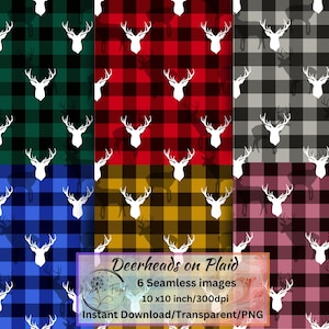 Plaid Deer Head Design Bundle, Silhouette Deer Background, White Deer Head Print, Rustic Home Decor, Woodland Decor, Digital Download,