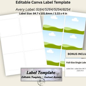 Op de afbeelding: Een sjabloon voor bewerkbare Canva-labels. De afbeelding toont twee vellen labels, één blanco en één met een landschapsontwerp. De labelgrootte is 84,7 x 101,6 mm. Tekst op de afbeelding is "Bewerkbare Canva Label Template" en "Label Template".