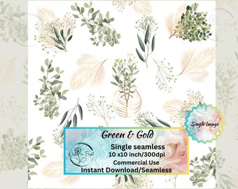Green and Gold Botanical Seamless Pattern , PNG, Elegant Digital Paper, Weddings, Packaging, Crafts & Fabric, Nature Lovers, Greenery