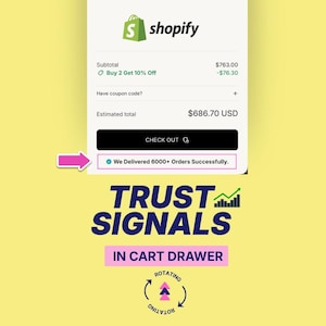 Könnte beinhalten: Ein Shopify-Checkout-Bildschirm zeigt einen Zwischensumme, einen Rabatt und einen geschätzten Gesamtbetrag von 686,70 USD. Der Bildschirm enthält eine "CHECK OUT"-Schaltfläche und die Nachricht "We Delivered 6000+ Orders Successfully."