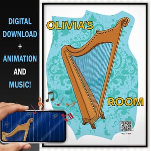 以下が含まれることがあります： 「Olivia's Room」の文字が入った、漫画のハープのイラストが描かれた額入りのプリント。 楽譜とハープのデザインが表示されたスマートフォンも含まれています。「Digital Download + Animation and Music!」の文字も表示されています。