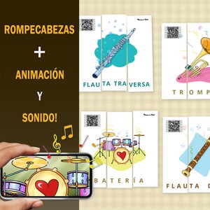 Animiertes druckbares Puzzle in Spanisch (Español). Musikinstrumente Lern- und Lernspiel für Klassenzimmer und Schule