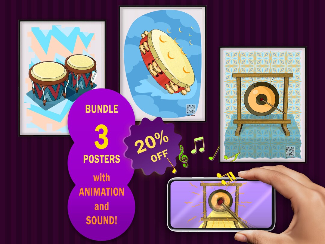 Animated Musical Instruments Posters Bundle of 3, Interactive Wall Art ...