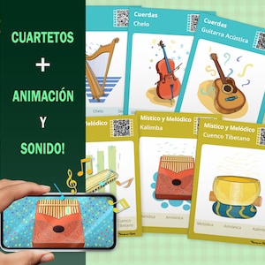 Animiertes Musikalisches Quartette Kartenspiel auf Spanisch (Español), edukative Aktivität für Klassenzimmer und Schule