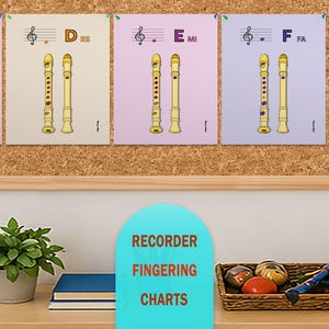 May include: A collection of recorder fingering charts displayed on a corkboard. Each chart features a musical staff with a note and a diagram of a recorder. The charts are in various pastel colors, with the text "RECORDER FINGERING CHARTS" in a turquoise arch.