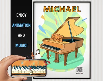 Personalized Animated Piano Wall Art, Printable Digital Download, Classical Music Lover Poster