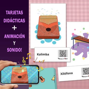 Schede didattiche animate in spagnolo (Español), attività stampabili sugli strumenti musicali per bambini, in classe, a scuola materna e per la scuola domestica