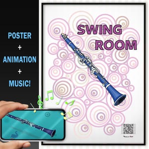 Spersonalizowana grafika ścienna z klarnetem, animowany plik cyfrowy do druku, prezent dla nauczyciela muzyki