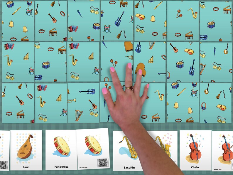 Musical Instruments Memory Drawing Animated Printable Memory Game in Spanish (español). Musical ...