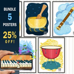 Zestaw 5 animowanych grafik ściennych z instrumentami muzycznymi, plik cyfrowy do pobrania, plakat na prezent do pokoju dziecięcego