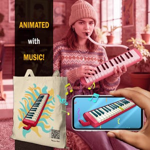 Puede incluir: Una mujer tocando un melódica rosa y blanco, con una ilustración a juego en una bolsa de mano. La imagen incluye el texto "ANIMATED with MUSIC!" y un smartphone que muestra un diseño animado similar. Notas musicales dispersas.