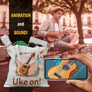 Bolsa de lona personalizada con diseño de ukelele: código QR animado, regalo para amantes de la música étnica