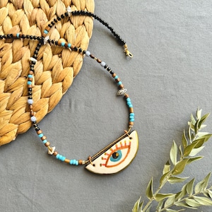Handmade Ceramic Necklace, Evil Eye Jewelry with Ceramic Pendant, Gift for her