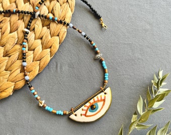 Handgemachte Keramik Halskette, Evil Eye Schmuck mit Keramik Anhänger, Geschenk für Sie