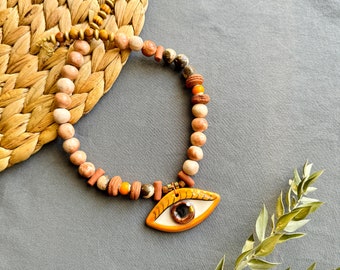 Handmade Ceramic Necklace with Eye Pendant, Handmade Jewelry for Mothers Day, Bohemian Ceramic Pendant Necklace