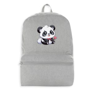 May include: A gray backpack with a cute cartoon panda holding a pink heart. The panda is wearing a red bow tie.