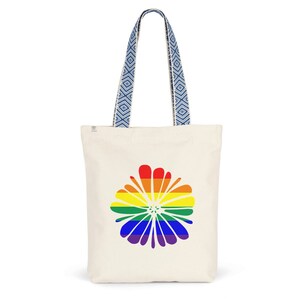 Può includere: Una borsa tote in tela bianca con manici a motivo blu. La borsa presenta un design a forma di fiore arcobaleno.