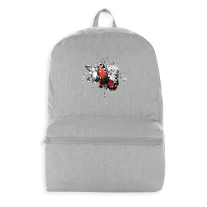 May include: Gray backpack with a red and black butterfly graphic on the front. The butterfly is surrounded by a white splatter pattern.