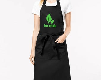 Premium organic cotton kitchen apron with "Bon et Bio" slogan printed in France | Comfort, durability, eco-friendly style