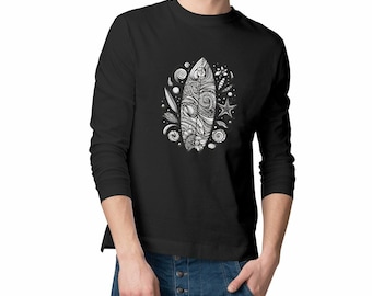 Men's Organic Long Sleeve T-Shirt with Surfboard Print - Ethical and Sustainable Fashion in Organic Cotton, Casual Style