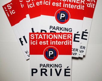 No parking stickers for private car parks. Sold by 10, 20, 50 or 100. Decreasing prices. Deterrent stickers.