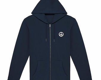 Eco-friendly, peace and love, zipped and unisex hoodie. Printed on demand in France. Gift for men. Gift for women. Living together